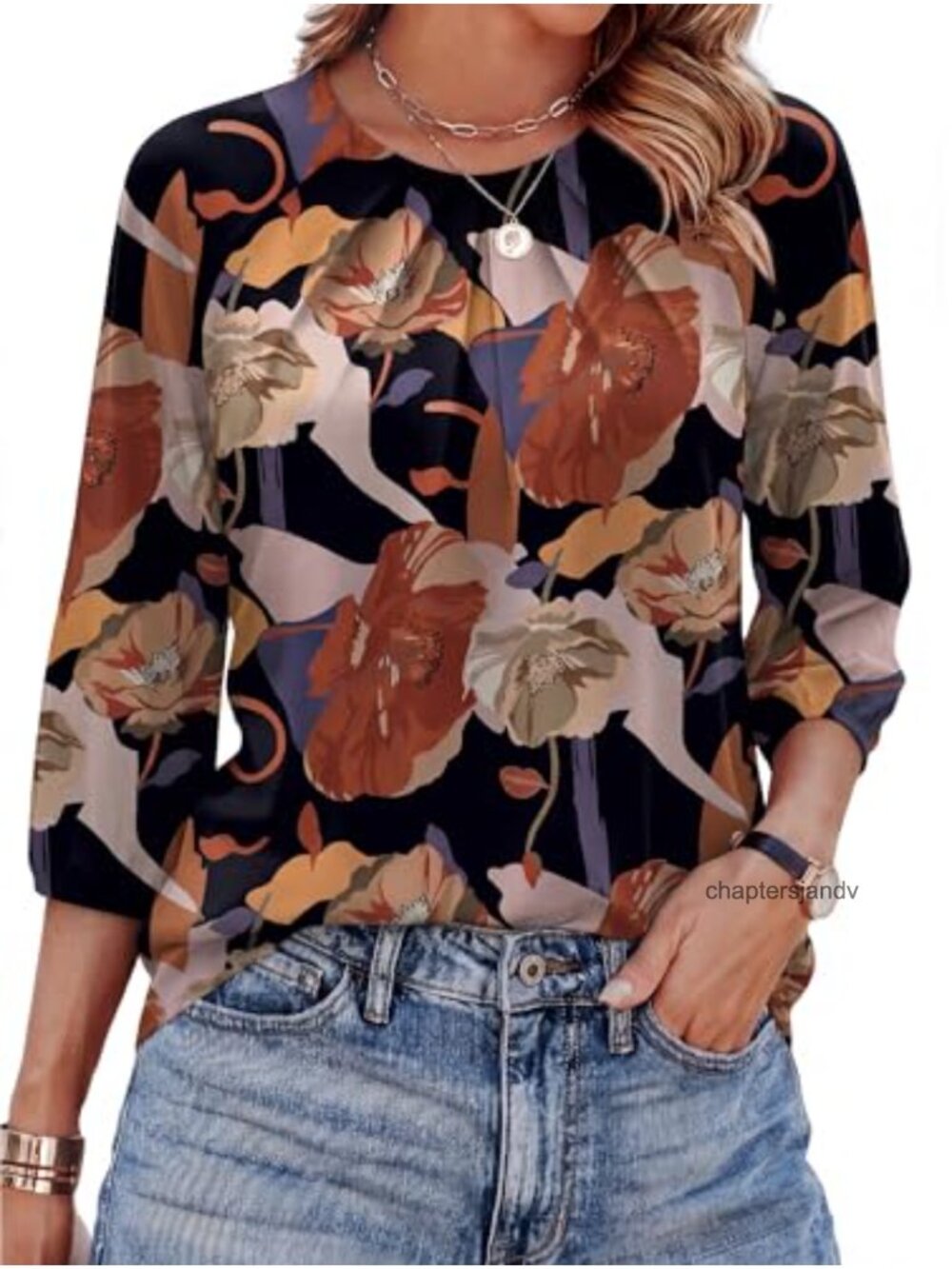 Women's 3/4 Sleeve Pleated Front Blouse Dressy Casual